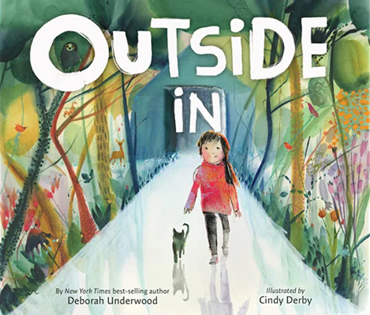 Image of the book cover for Outside In by Deborah Underwood featuring an illustration of a girl walking in a forest next to a black cat.