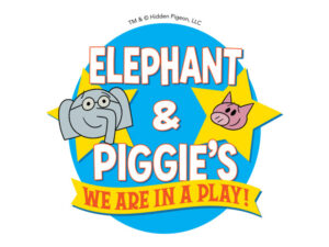 Illustration of an elephant with glasses and a pig on yellow stars set on top of a blue circle. Letters on top read Elephant and Piggie's We Are in a Play!