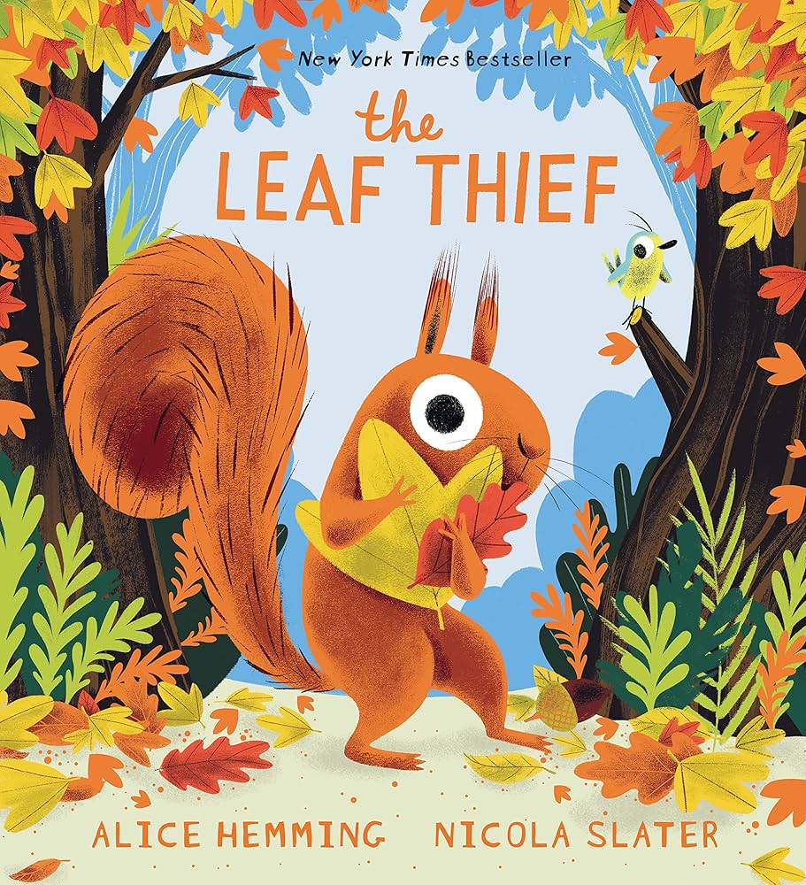 A cartoon squirrel with wide eyes clutches colorful leaves, looking bewildered. Autumn foliage surrounds, under the title "The Leaf Thief" in bold text.