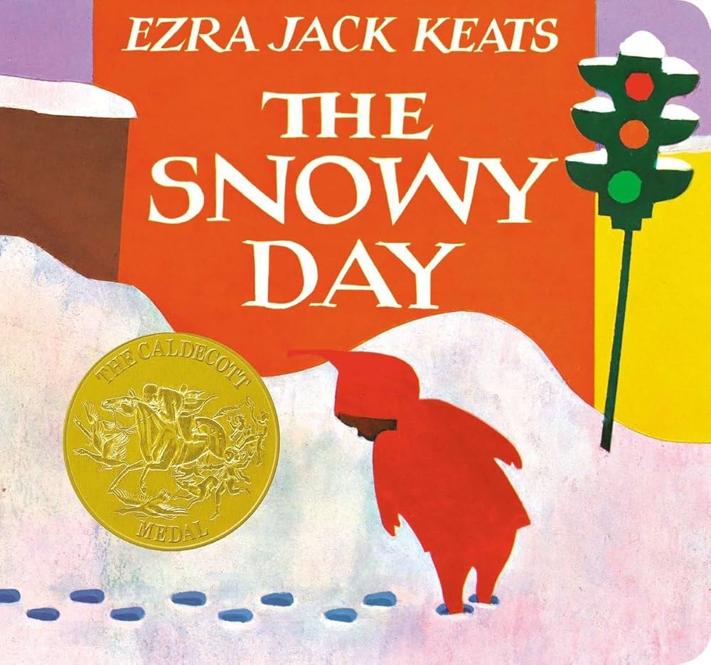 Cover of "The Snowy Day" showing a child in a red coat walking through snow, leaving footprints. Bright background with a green traffic light.