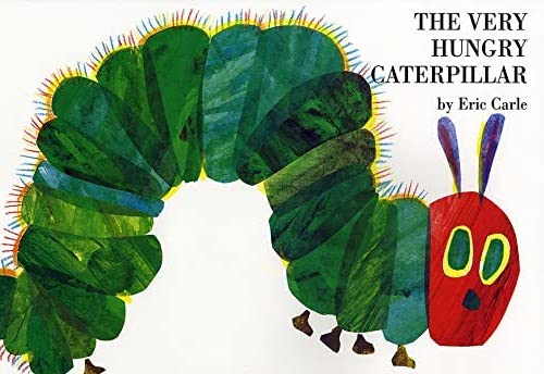Book cover for "The Very Hungry Caterpillar" by Eric Carle. It has a white background with a large illustration of a green caterpillar with a red face and green eyes. The book title and the author's name are in black.