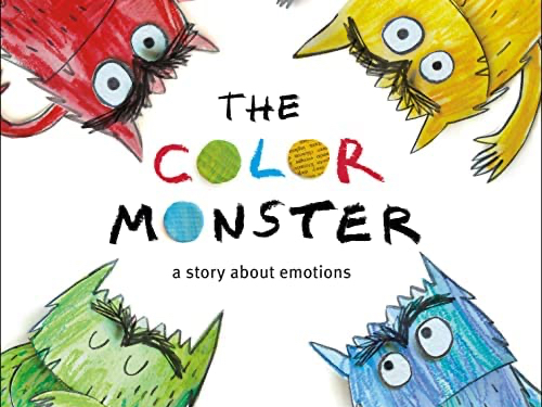 Book cover for "The Color Monster: A Story About Emotions" by Anna Llenas. It has a white background with an illustration of a four different monsters' heads. One is red, one is yellow, one is green, and one is blue. The book title is in multiple colors and the subtitle is in black.