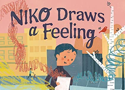 Book cover for "Niko Draws a Feeling" by Bob Raczka. It has a colorful abstract cityscape background with a boy holding a notebook and pencil in the foreground. The book title is in dark gray at the top.