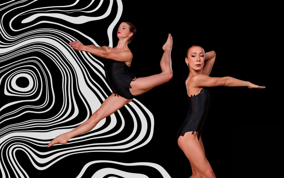 Photo of two female ballet dancers wearing black leotards dancing in front of a black and white graphic background.