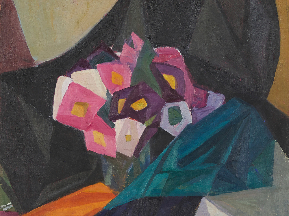 Photo of an abstract modern painting of a bouquet of flowers.