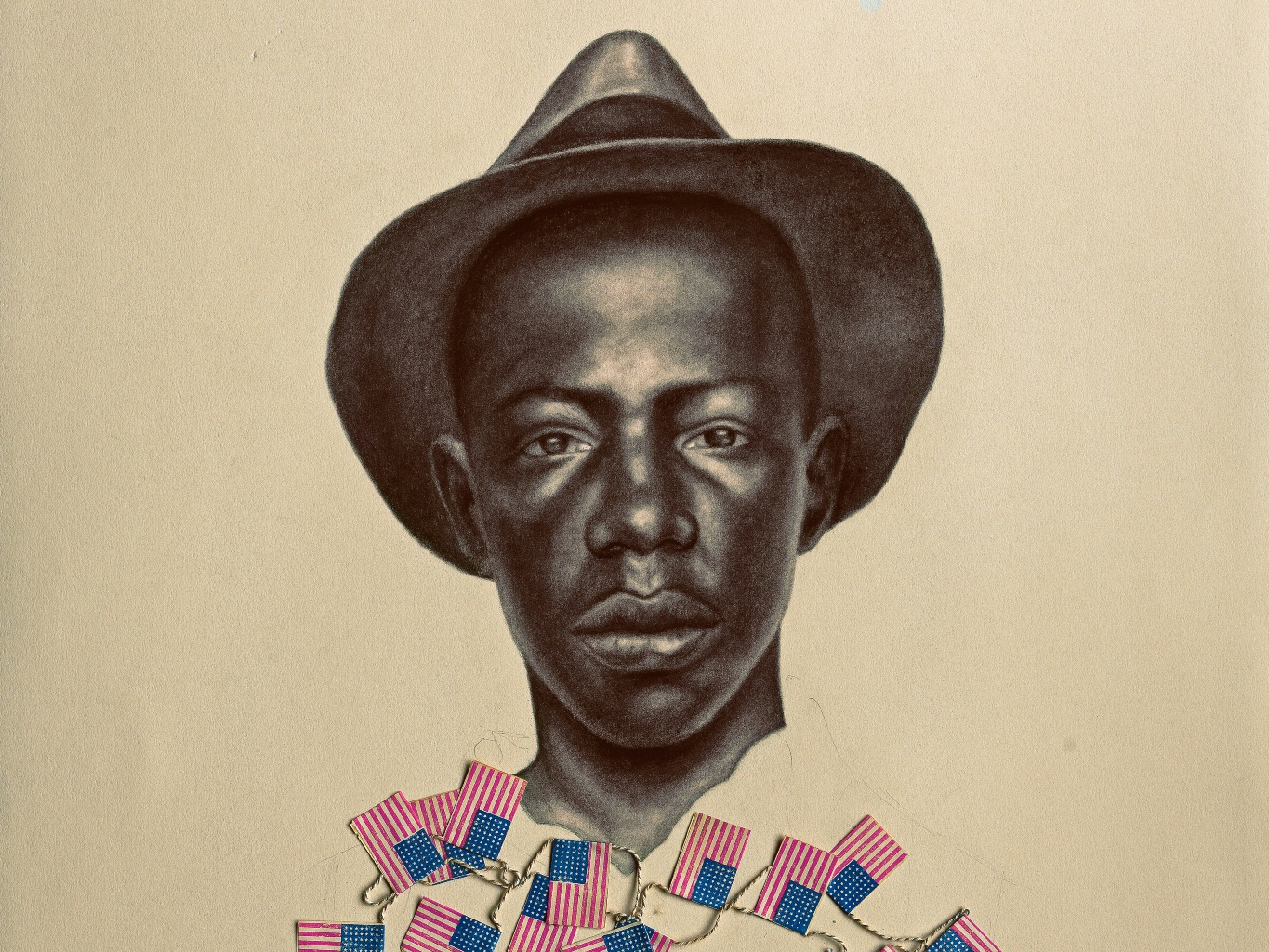 Drawing of a man wearing a hat with a chain of American flags added to the paper beneath his neck.