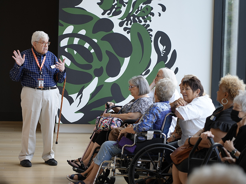 Photo of an AMFA docent in a gallery with a group of guests in wheelchairs.