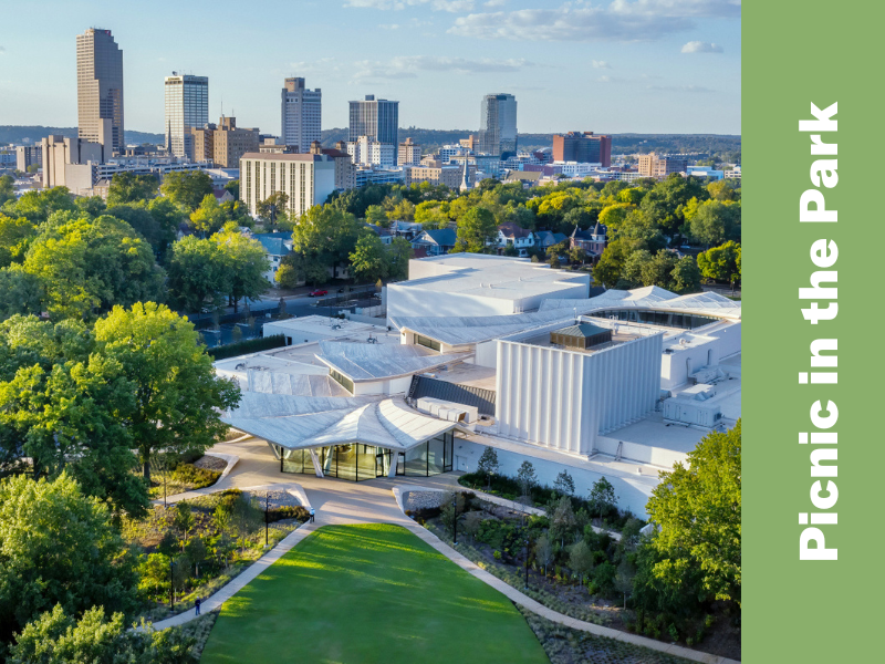 Aerial photo of the Arkansas Museum of Fine Arts with downtown Little Rock in the background. On the right side of the image is a green banner that reads Picnic in the Park.