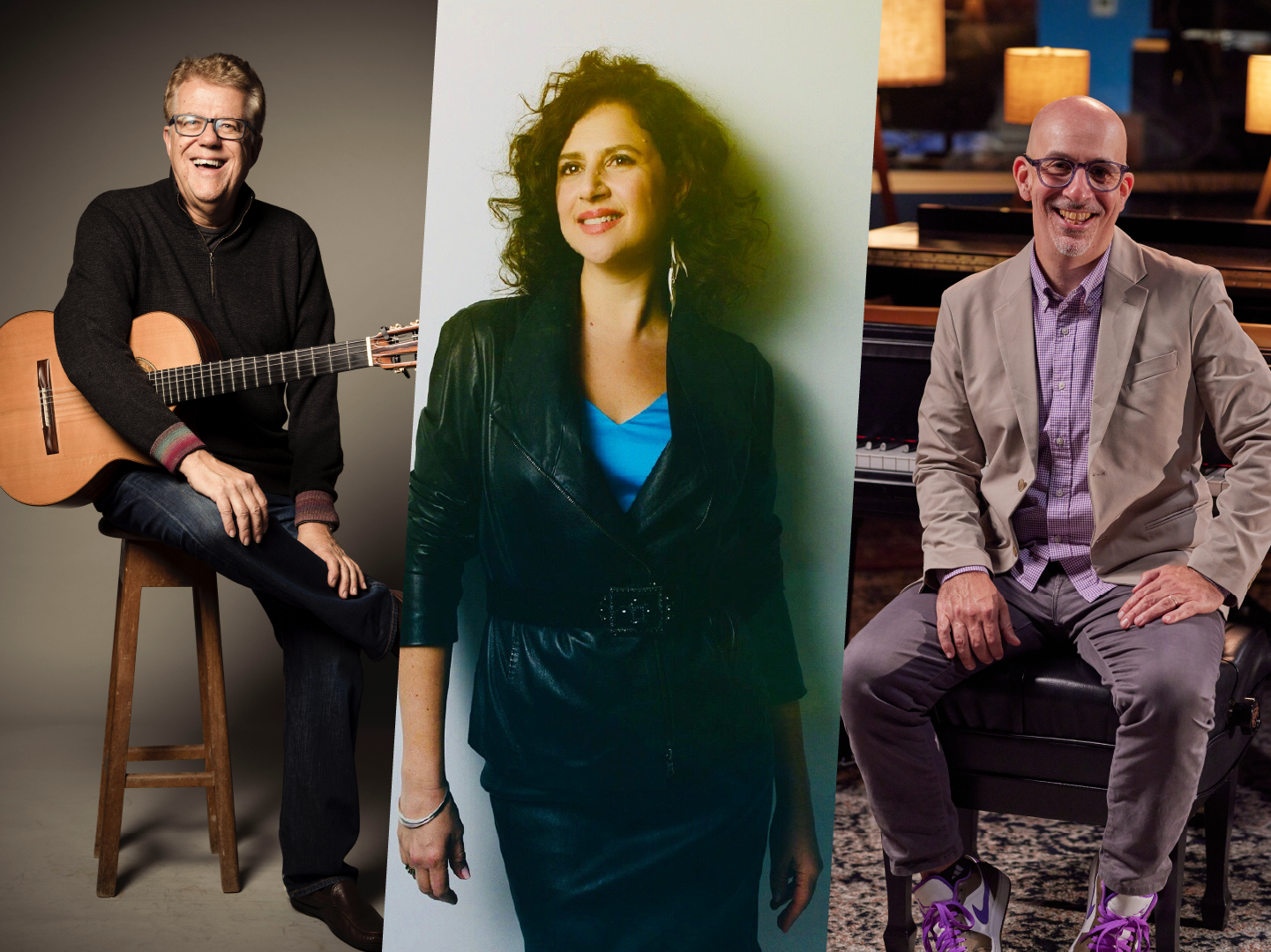 Graphic of three spliced together photos of individual people. Romero Lubambo is on the left sitting on a stool and holding an acoustic guitar. Anat Cohen stands in the middle wearing a velvet jacket over a blue blouse. Peter Martin is on the right sitting on a bench in front of a piano.