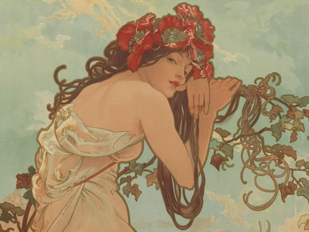 Detail photo of a print by Alphonse Mucha depicting a woman wearing a crown of flowers and leaning on a branch of ivy.