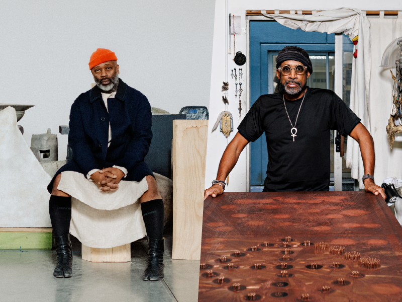 Spliced photo of two men with Theaster Gates on the left and Nari Ward on the right.