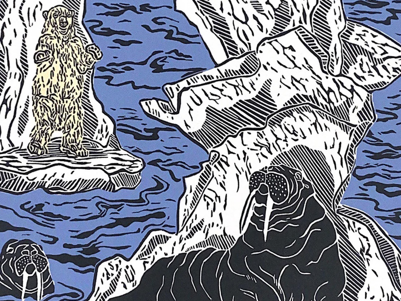 Detail photo of a linocut print depicting a polar bear and walrus on icebergs.