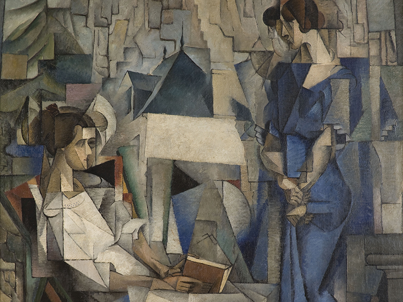 Detail photo of a Cubist painting by Diego Rivera depicting two women.