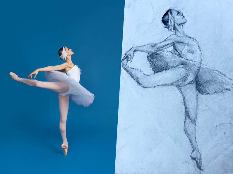 Spliced graphic with a photo of a ballerina dancing in a white leotard and tutu on the left with a drawing of her on the right.