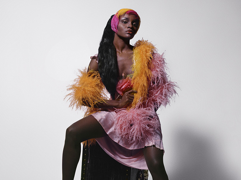 Photo taken by Kwame Brathwaite of a Black woman wearing a pink dress with pink and orange feathers.