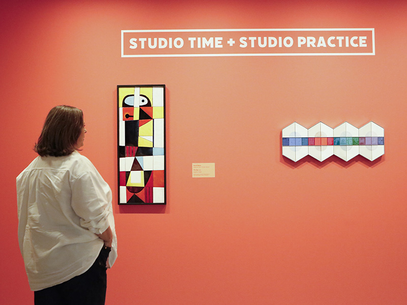 Photo of a woman with short hair wearing a white shirt looking at two abstract artworks on a bright red wall.