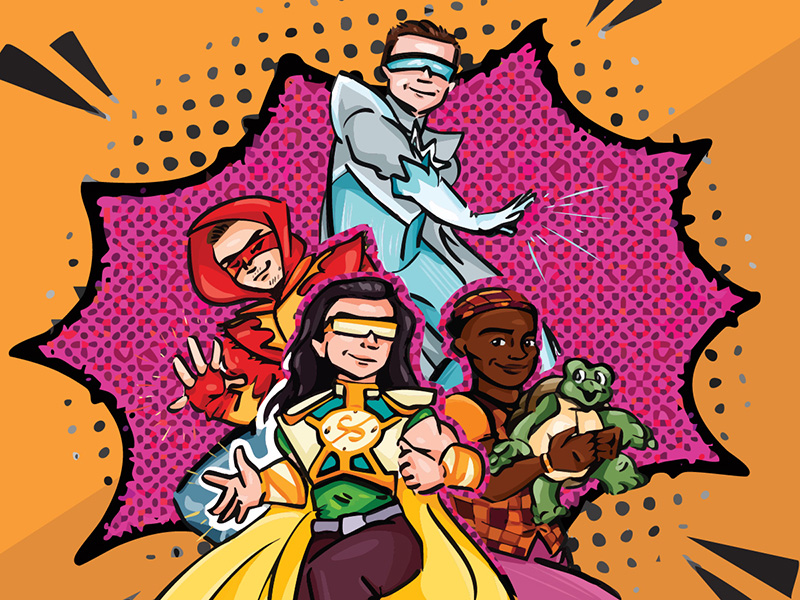 Illustration of a group of four superheroes in a comic book style.