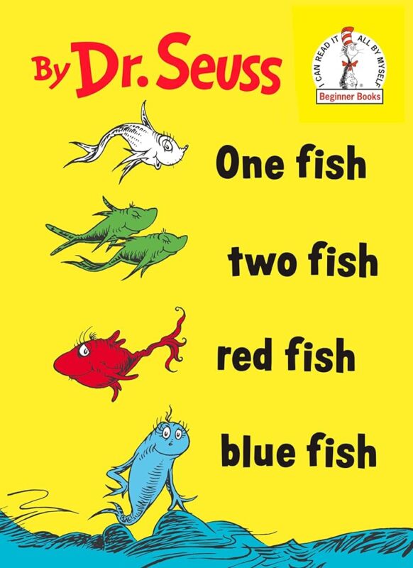 Book cover for One fish two fish red fish blue fish by Dr. Seuss.