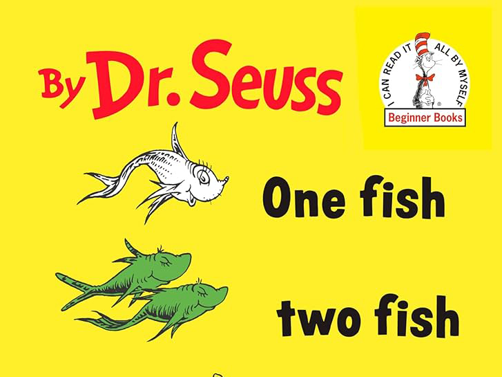 Book cover for One fish two fish red fish blue fish by Dr. Seuss.