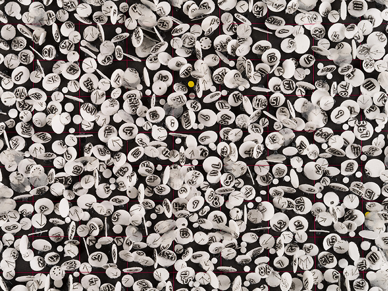 Detail photo of an abstract fiber work by Howardena Pindell.