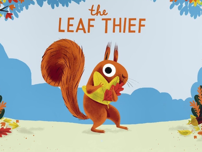 A cartoon squirrel with wide eyes clutches colorful leaves, looking bewildered. Autumn foliage surrounds, under the title "The Leaf Thief" in bold text.