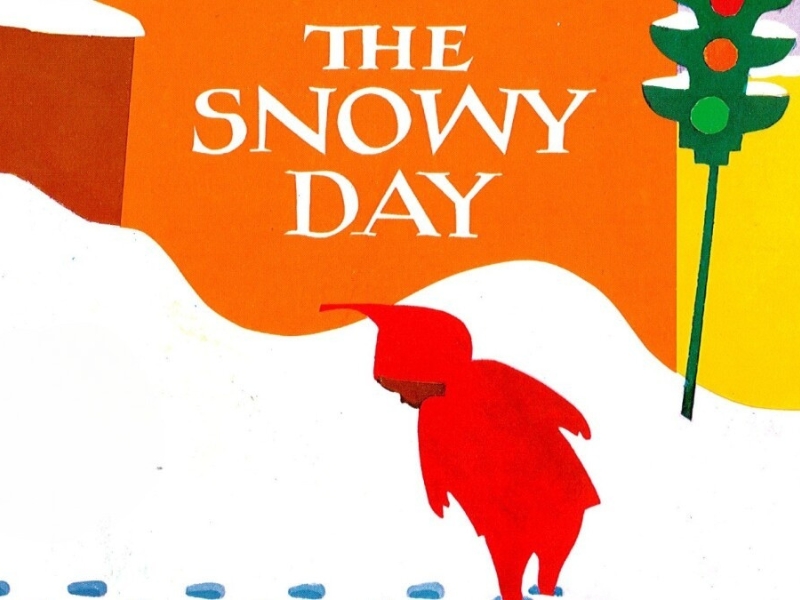 Cover of "The Snowy Day" showing a child in a red coat walking through snow, leaving footprints. Bright background with a green traffic light.