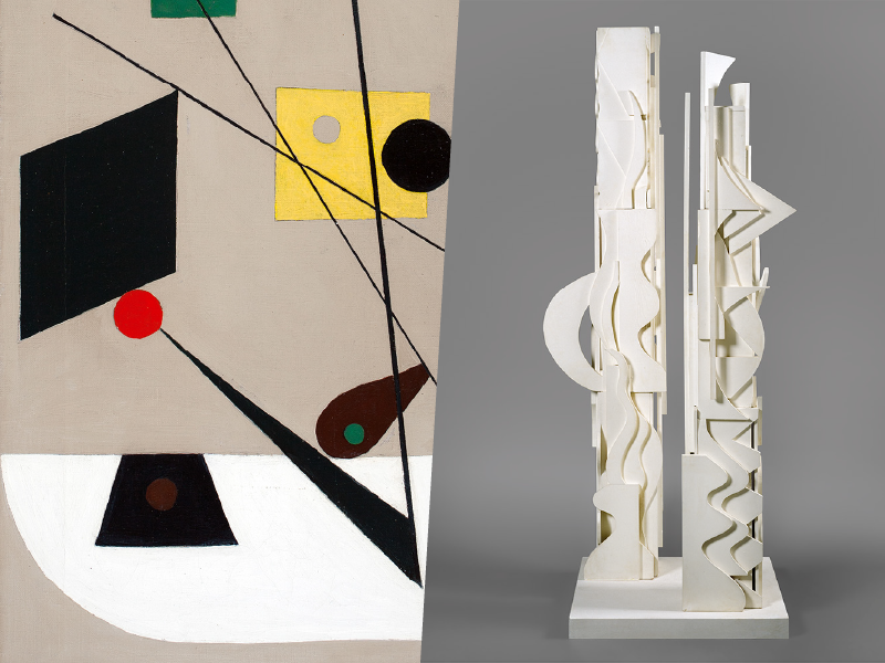 Spliced photo of two artworks. The work on the left is an abstract painting. The work on the right is a large white abstract sculpture.