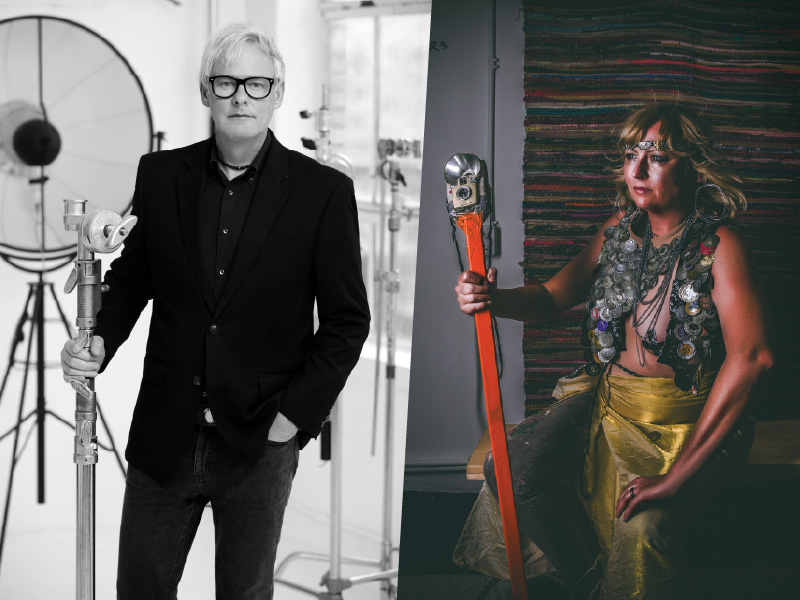 Spliced photo of a man in an photography studio on the left and a woman holding camera equipment on the right.