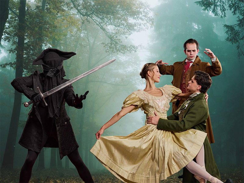 Photo of a person dressed in all black carrying a sword next to two ballerinas dancing and a man waving his hands in the air in front of a dark forest background.