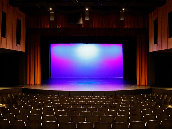 Photo of the Performing Arts Theater at AMFA viewed from the back row of seats. The seats and stage are empty.