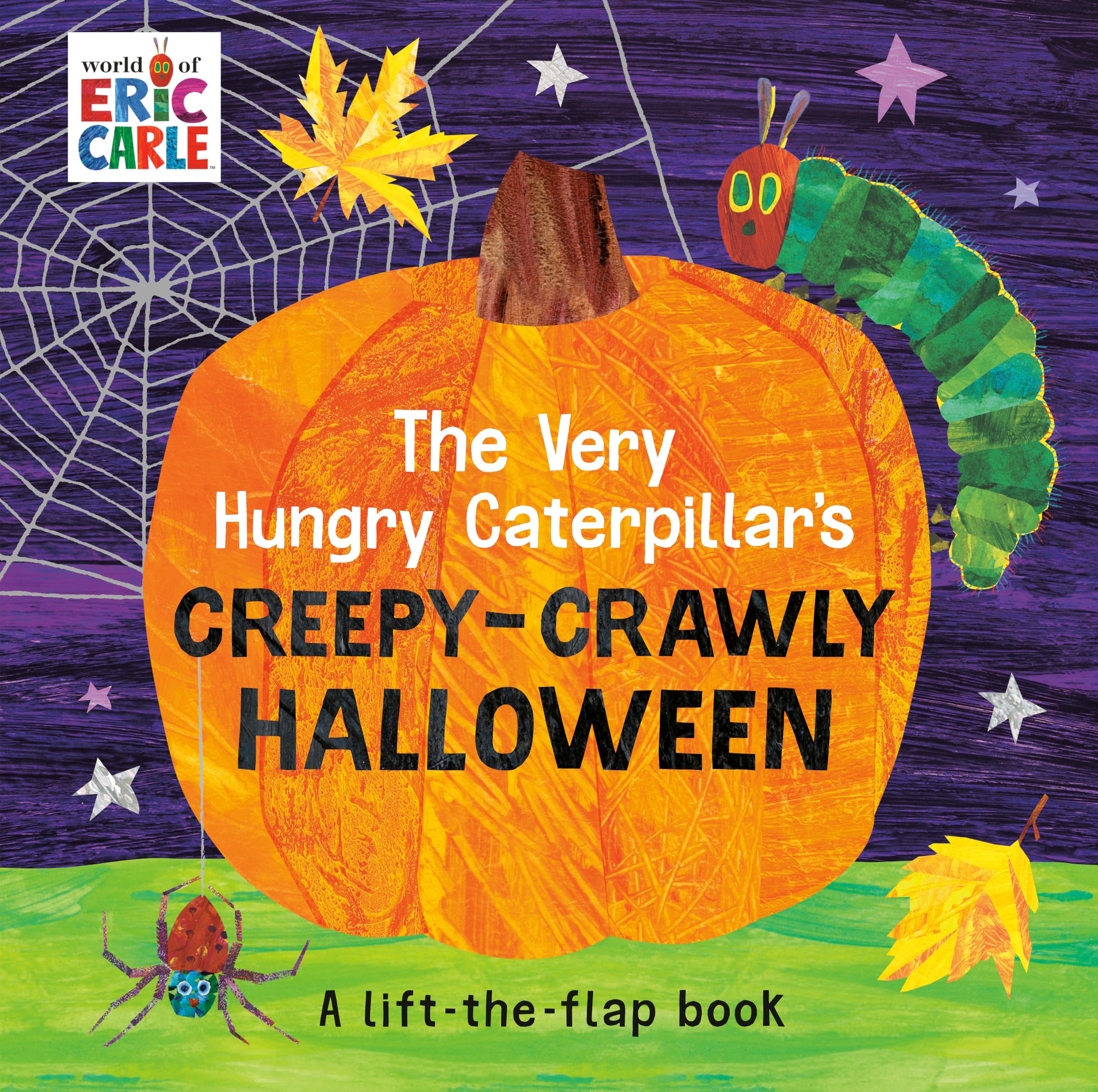 Colorful illustration featuring a green caterpillar on a large pumpkin with the text 'The Very Hungry Caterpillar's Creepy-Crawly Halloween'. Purple background, starry and web elements
