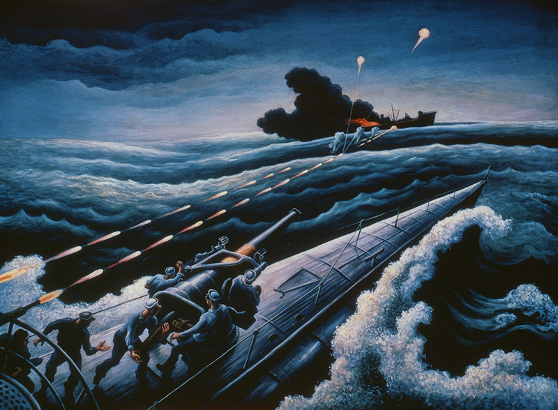 Photo of a painting by Thomas Hart Benton depicting soldiers on a boat firing a machine gun at a larger ship in an ocean.